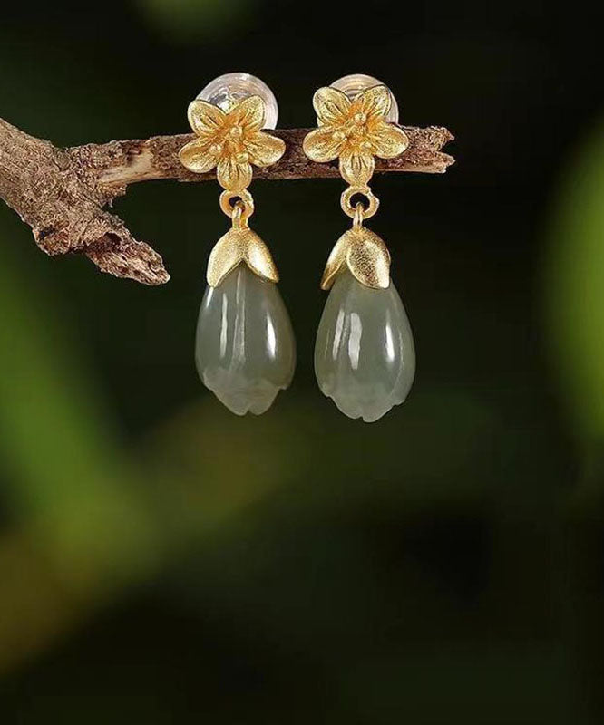 Retro Green Sterling Silver Overgild Jade Orchid Drop Earrings