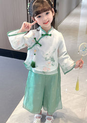 Retro Green Tasseled Chinese Button Patchwork Chiffon Baby Girls Two Pieces Set Long Sleeve