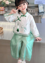 Retro Green Tasseled Chinese Button Patchwork Chiffon Baby Girls Two Pieces Set Long Sleeve