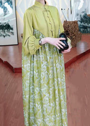 Retro Green Tasseled Wrinkled Print Patchwork Silk Long Dresses Spring