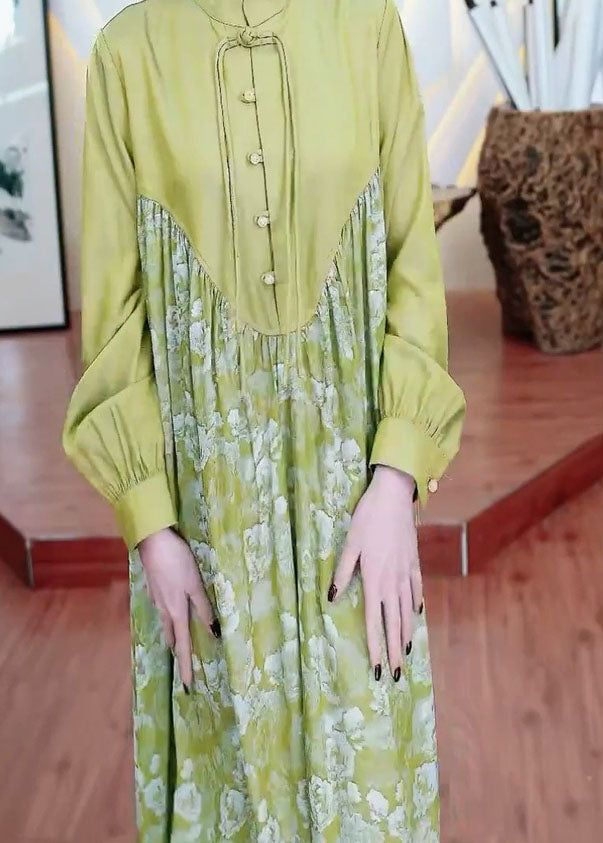 Retro Green Tasseled Wrinkled Print Patchwork Silk Long Dresses Spring