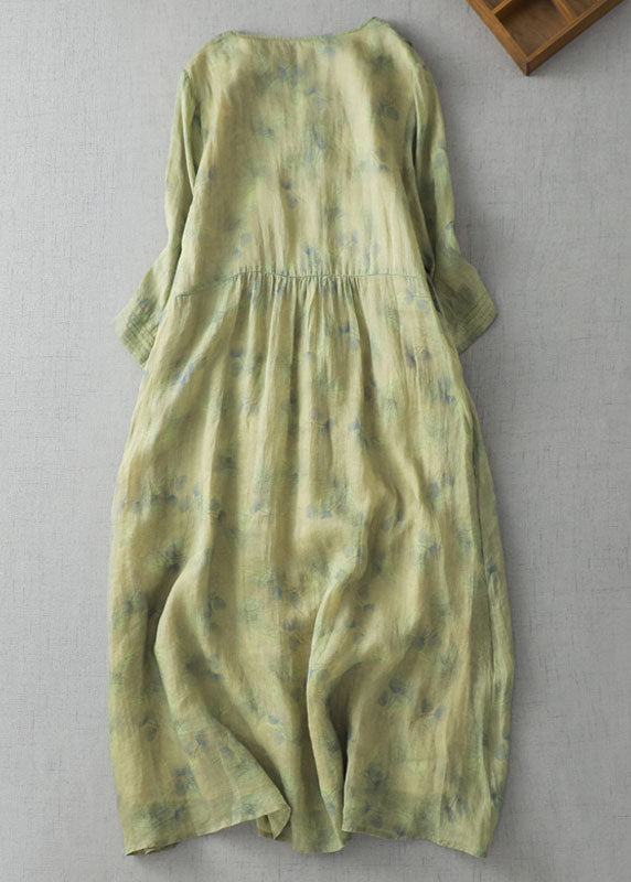 Retro Green V Neck Print Wrinkled Patchwork Linen Dress Summer