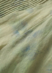 Retro Green V Neck Print Wrinkled Patchwork Linen Dress Summer