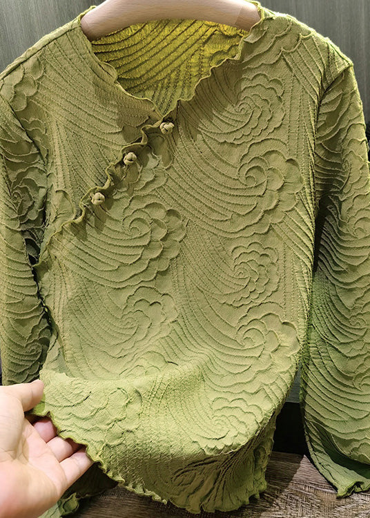 Retro Green V Neck Ruffled Wrinkled Button Top Long Sleeve