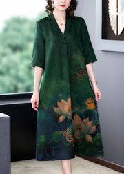 Retro Green V Neck Tasseled Print Patchwork Silk Dress Summer