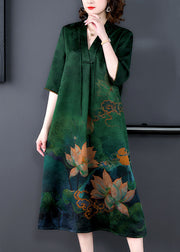 Retro Green V Neck Tasseled Print Patchwork Silk Dress Summer