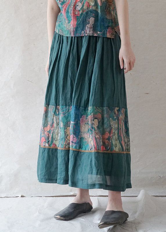 Retro Green elastic waist drawstring print Patchwork Linen Skirt Spring