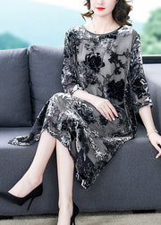 Retro Grey O-Neck Embroidered Hollow Out Party Long Dress Summer