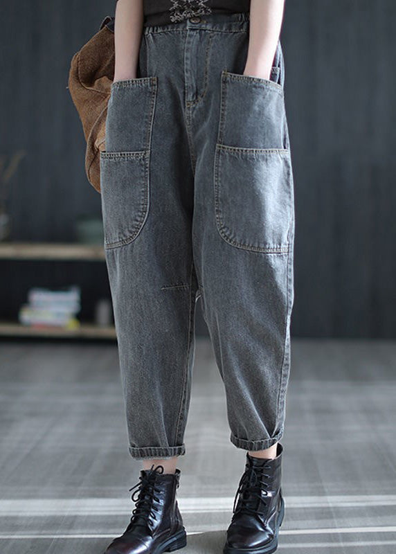 Retro Grey Patchwork Elastic Waist Crop Jeans Summer