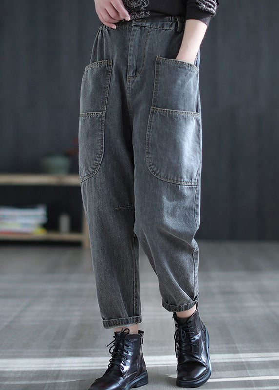 Retro Grey Patchwork Elastic Waist Crop Jeans Summer