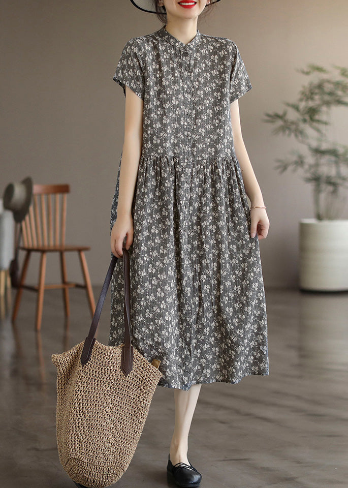 Retro Grey Stand Collar Print Long Dresses Summer