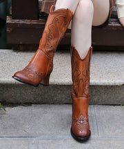 Retro Handmade Embossed Coffee Chunky Boots Cowhide Leather