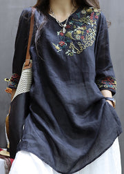 Retro Khaki V Neck Embroideried Linen Shirt Tops Half Sleeve