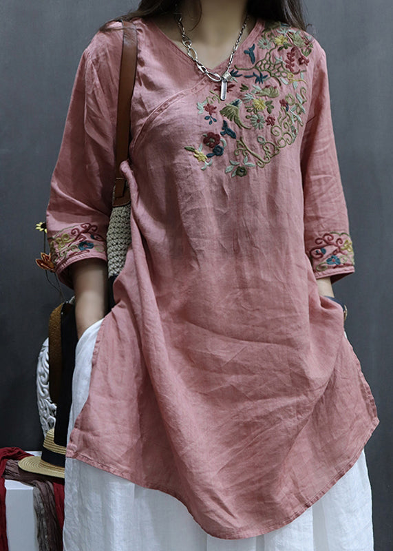 Retro Khaki V Neck Embroideried Linen Shirt Tops Half Sleeve