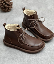 Retro Lace Up Boots Chocolate Fuzzy Wool Lined Cowhide Leather