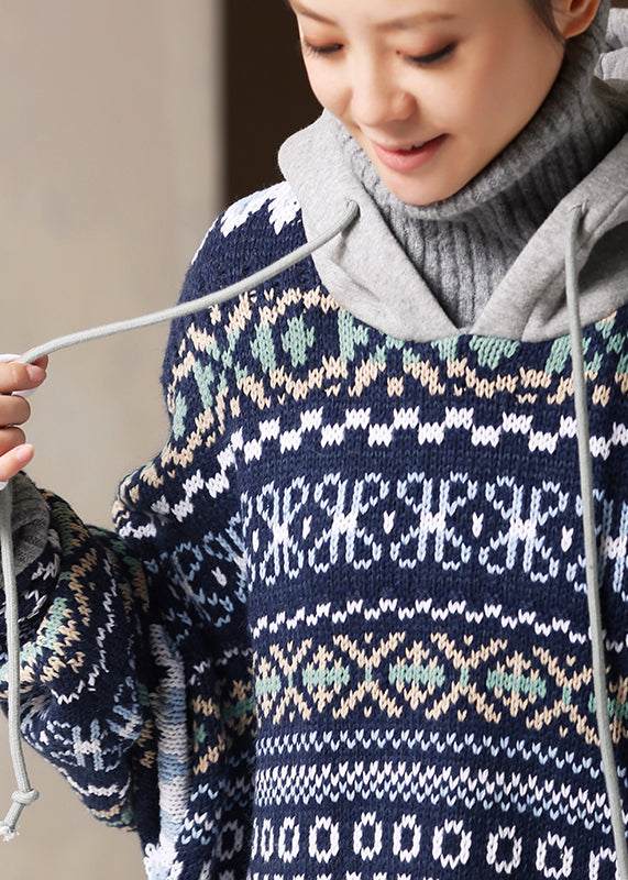 Retro Light Blue Turtleneck Drawstring Print Fake Two Pieces Cotton Knit Sweater Winter