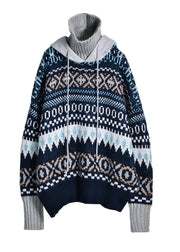 Retro Light Blue Turtleneck Drawstring Print Fake Two Pieces Cotton Knit Sweater Winter