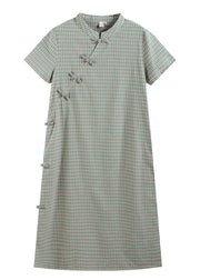 Retro Light Green Stand Collar Plaid Cotton Cheongsam Dress Short Sleeve
