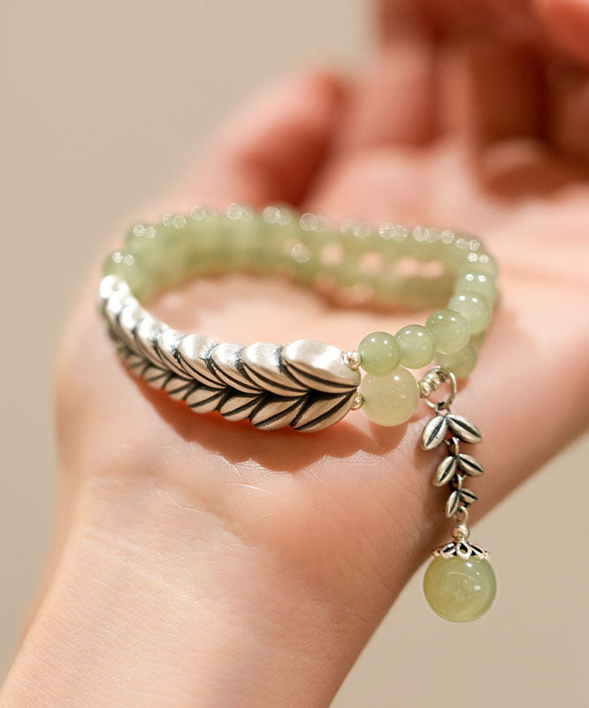 Retro Light Green Jade Silver Wheat Ear Chain Bracelet