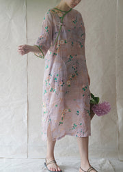Retro Light Pink O-Neck side open print Patchwork Linen Dresses Half Sleeve