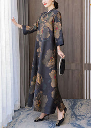 Retro Mandarin Collar Print Silk Long Dresses Caftan Spring