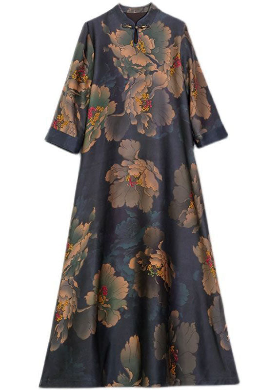 Retro Mandarin Collar Print Silk Long Dresses Caftan Spring