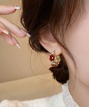 Retro Mulberry Copper Gem Stone Zircon Hoop Earrings