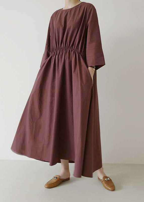 Retro Mulberry O Neck Elastic Waist Cotton Dress Spring