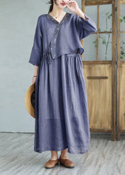Retro Navy V Neck Patchwork Solid Linen Top And Maxi Skirts Two Pieces Set Summer
