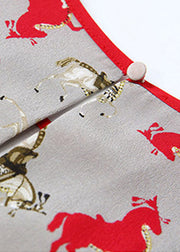 Retro O-Neck Print Patchwork Wrinkled Silk Mid Dress Short Sleeve