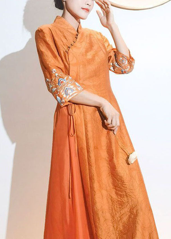 Retro Orange Embroidered Lace Up Patchwork Silk Dresses Summer