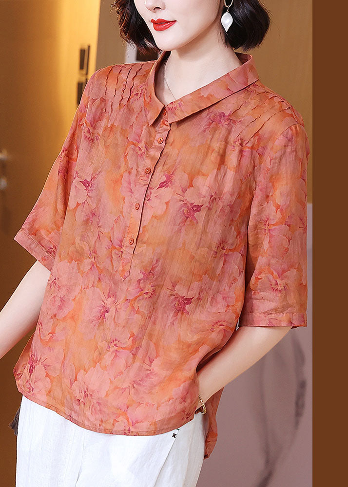 Retro Orange Peter Pan Collar Print Patchwork Linen Top Summer
