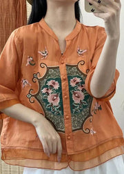 Retro Orange V Neck Embroidered Button Patchwork Linen Shirts Half Sleeve