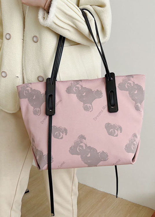Retro Pink Cartoon Bear Print nylon Tote Handbag