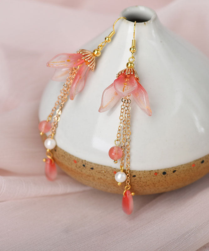 Retro Pink Coloured Glaze Lily Flower Pearl Drop Earrings