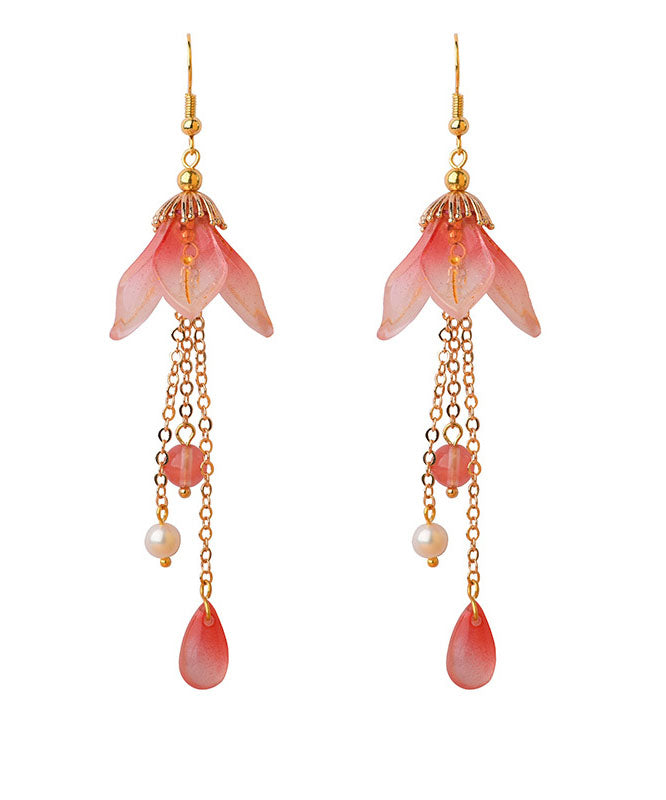 Retro Pink Coloured Glaze Lily Flower Pearl Drop Earrings