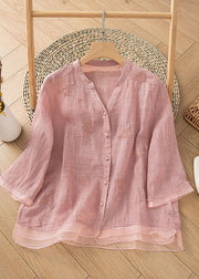 Retro Pink Embroidered Button Patchwork Linen Shirt Top Summer