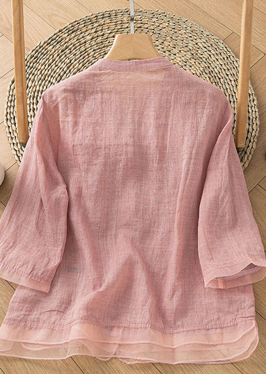 Retro Pink Embroidered Button Patchwork Linen Shirt Top Summer