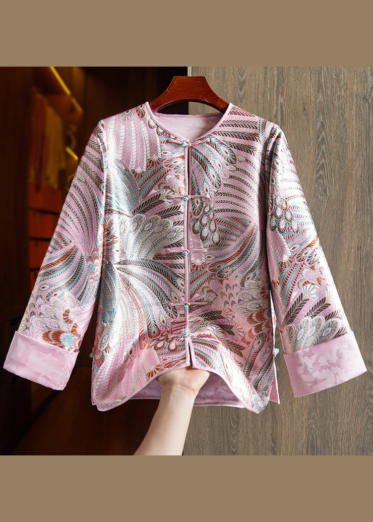 Retro Pink Embroidered Chinese Button Patchwork Silk Coats Fall
