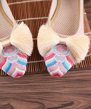 Retro Pink Embroidered Tassel Cotton Fabric Flat Shoes For Women