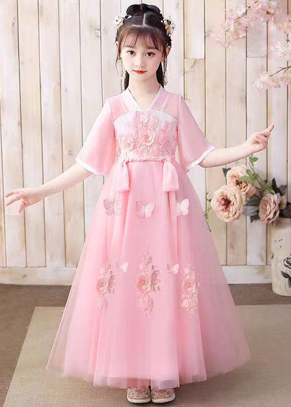 Retro Pink Floral Butterfly Embroidered Patchwork Chiffon Kids Girls Long Dresses Summer