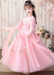 Retro Pink Floral Butterfly Embroidered Patchwork Chiffon Kids Girls Long Dresses Summer