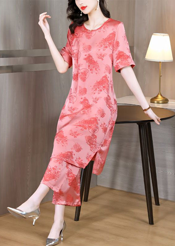 Retro Pink O-Neck Tasseled Jacquard Patchwork Silk Two Pieces Set Summer