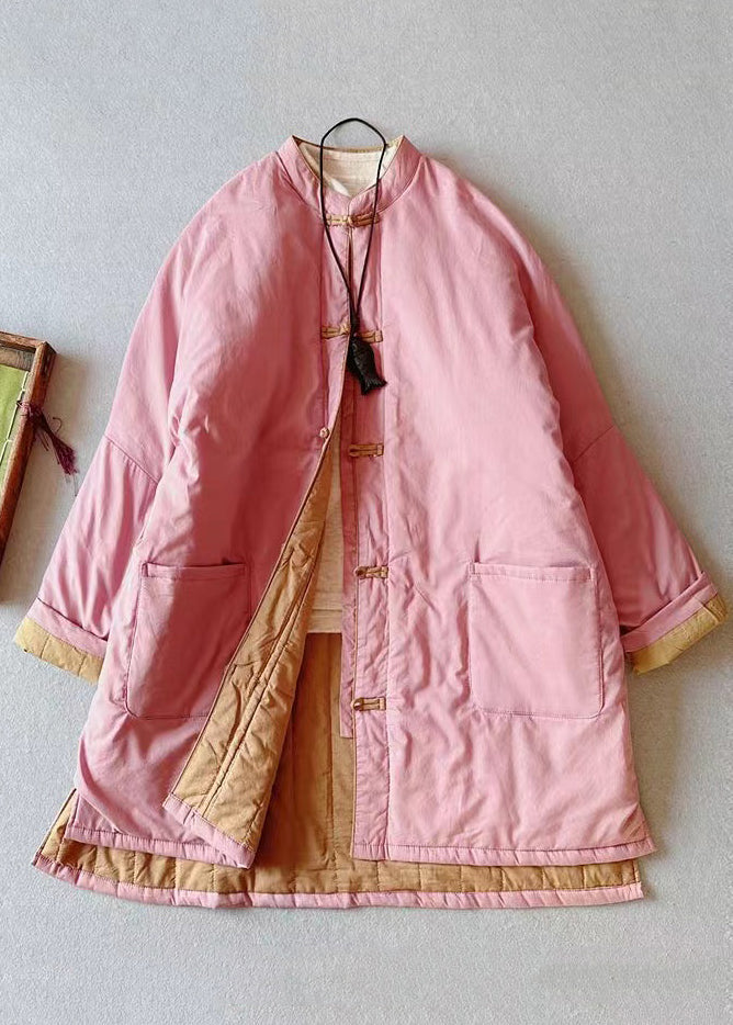 Retro Pink Stand Collar Pockets Fine Cotton Filled Plus Size Coat Winter