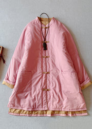 Retro Pink Stand Collar Pockets Fine Cotton Filled Plus Size Coat Winter