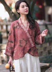 Retro Pink V Neck Embroidered Chinese Button Patchwork Linen Top Spring