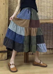 Retro Plaid Elastic Waist Patchwork Cotton Skirts Fall