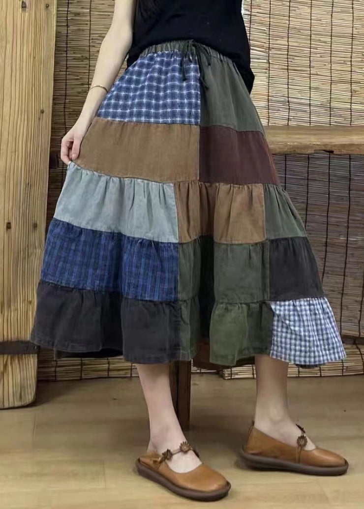 Retro Plaid Elastic Waist Patchwork Cotton Skirts Fall