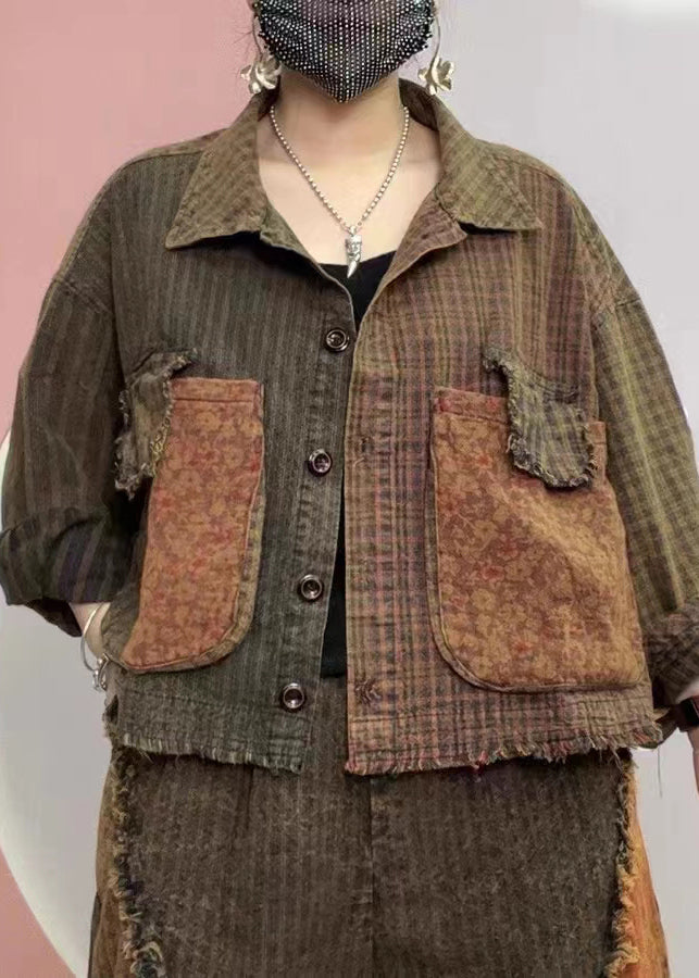 Retro Plaid Peter Pan Collar Button Pockets Cotton Coats Fall