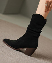 Retro Pointed Toe Chunky Heel Boots Brown Suede
